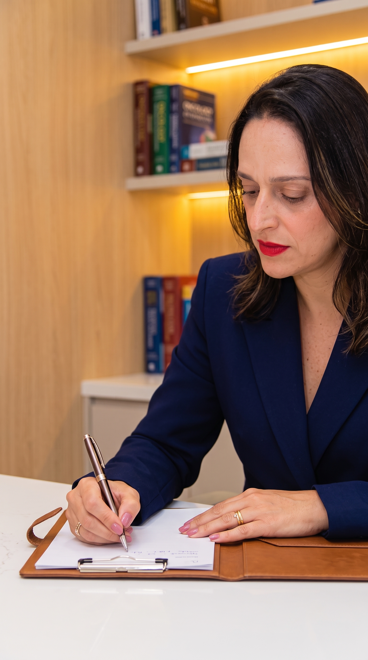 Dra. Patrícia Taranto fazendo anotações em consultório
